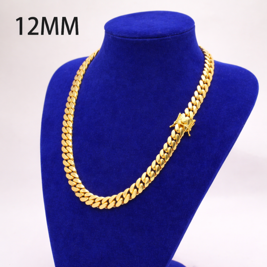 Cadena Cubana 12mm Enchapada en Oro 14K – Cierre de Caja