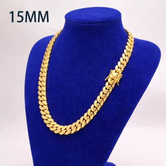 Cadena Cubana 15mm Enchapada en Oro 14K – Cierre de Caja